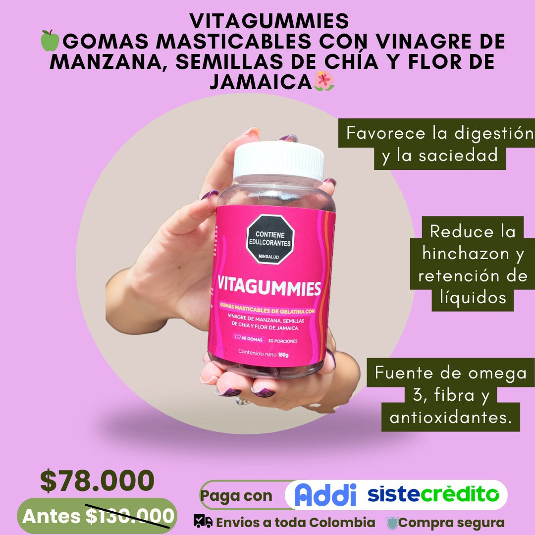 VITAGUMMIES 🍏 GOMAS MASTICABLES CON VINAGRE DE MANZANA, SEMILLAS DE CHÍA Y FLOR DE JAMAICA 🌺
